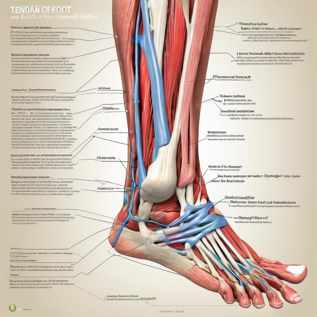Anatomiczna ilustracja stopy z oznaczeniami kości, mięśni i ścięgien, podkreślająca zdrowie i pielęgnację stóp.