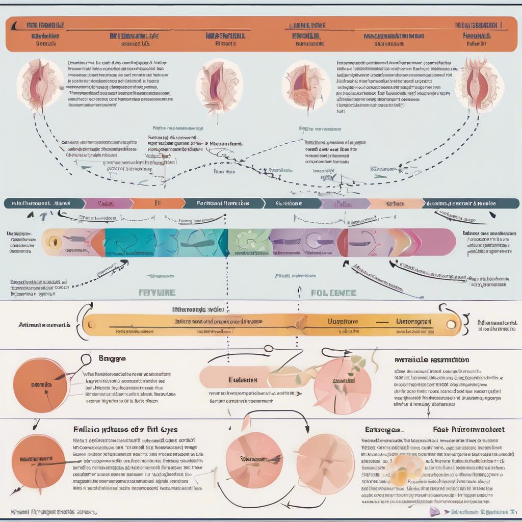 Ilustracja przedstawiająca fazę folikularną cyklu menstruacyjnego z zaznaczonymi jajnikami i pęcherzykami.