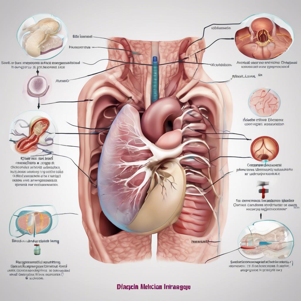 Diagnoza i leczenie przepukliny przeponowej – ilustracja anatomiczna z objawami i metodami diagnostycznymi.