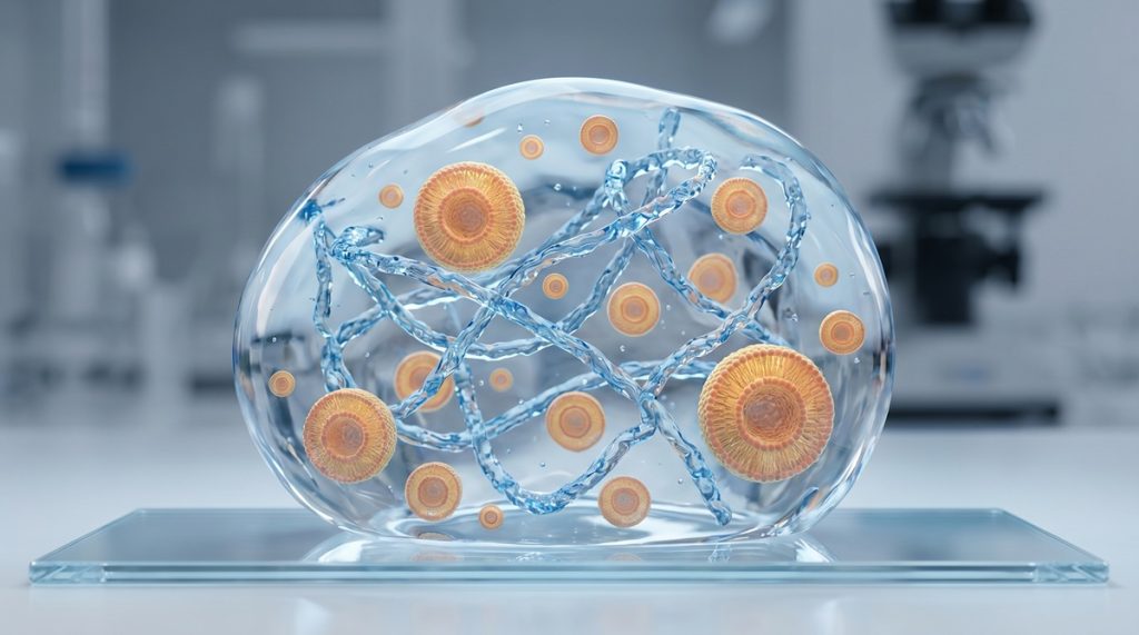 Mikroskopijny widok struktury kwasu hialuronowego i liposomów w nowoczesnych preparatach